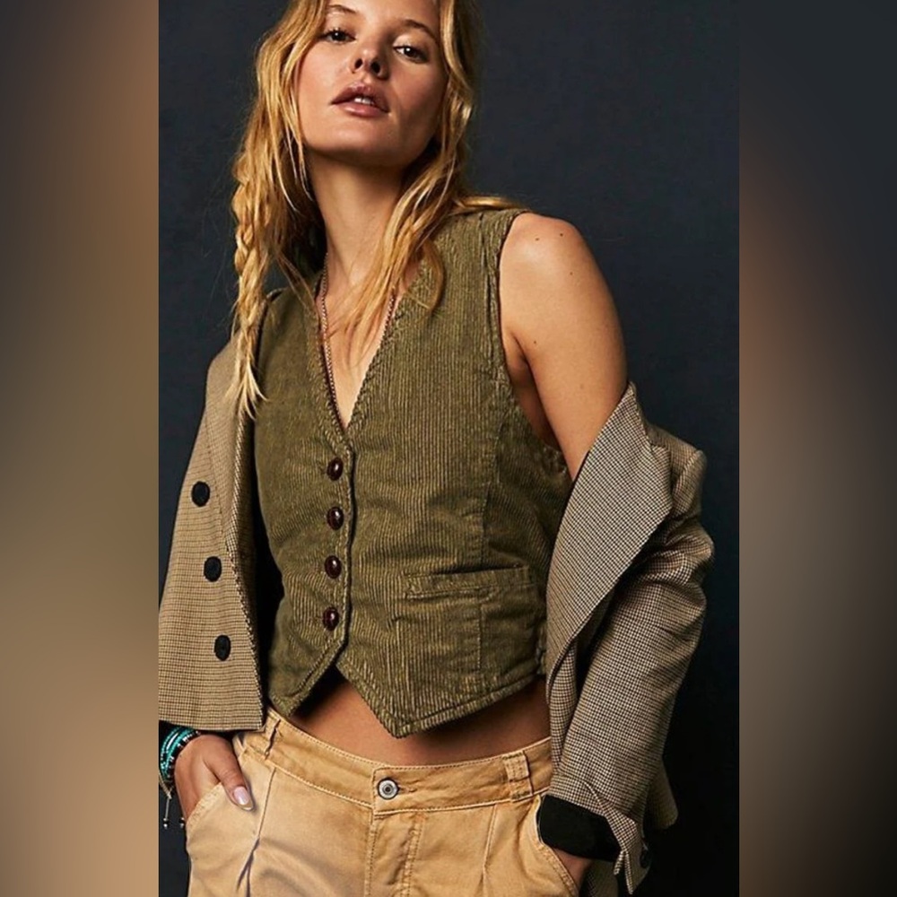 Free People We the Free Charley Green Corduroy Vest with Button Closure